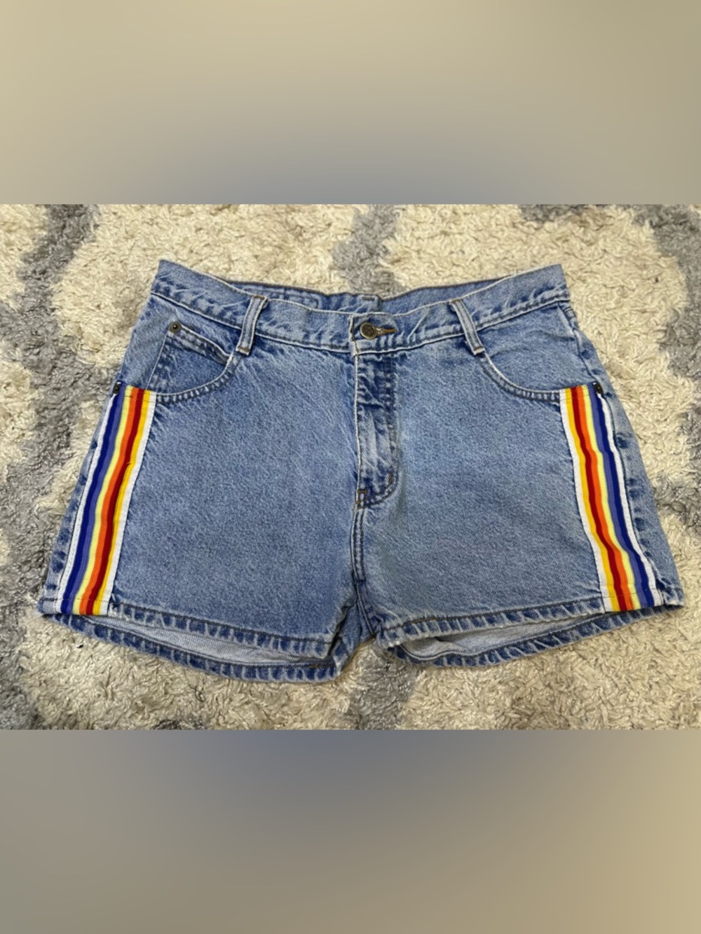 VINTAGE Plugg Blue Denim Shorts with Rainbow Side Stripes